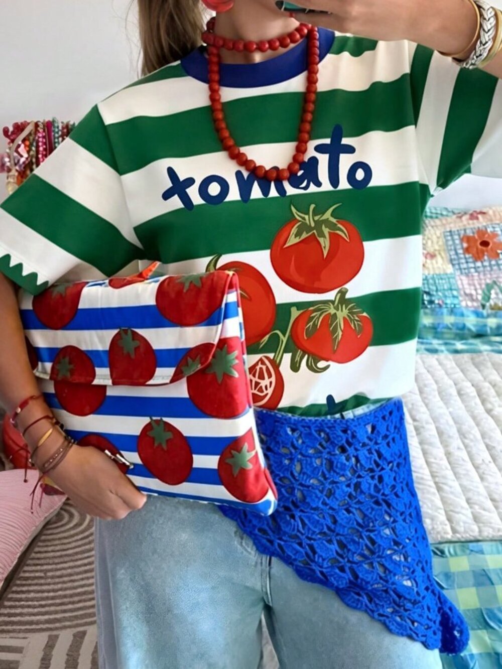 Pink Casual Women's & Striped Top: Tomato Pattern All-Over Print